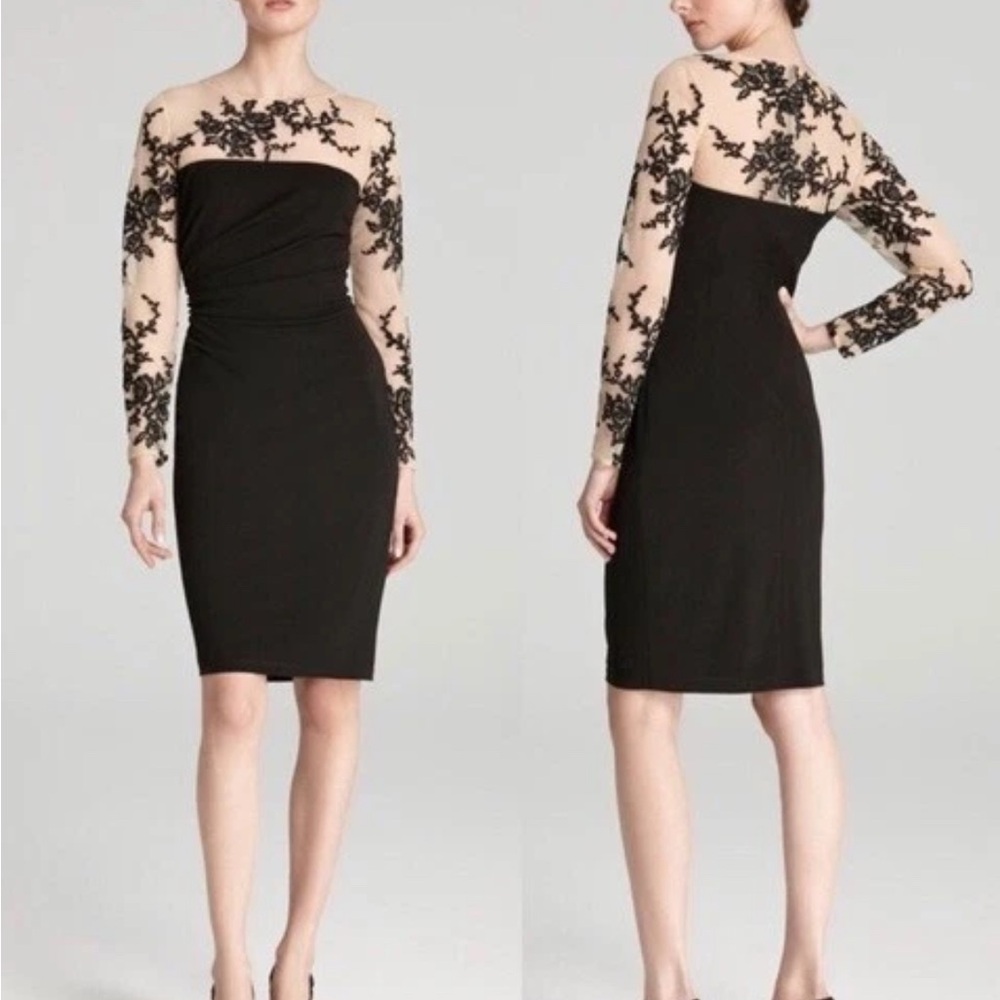 DAVID MEISTER Black Nude Sheer Embroidered Lace Illusion Yoke Sleeves Dress 6 - Picture 4 of 6